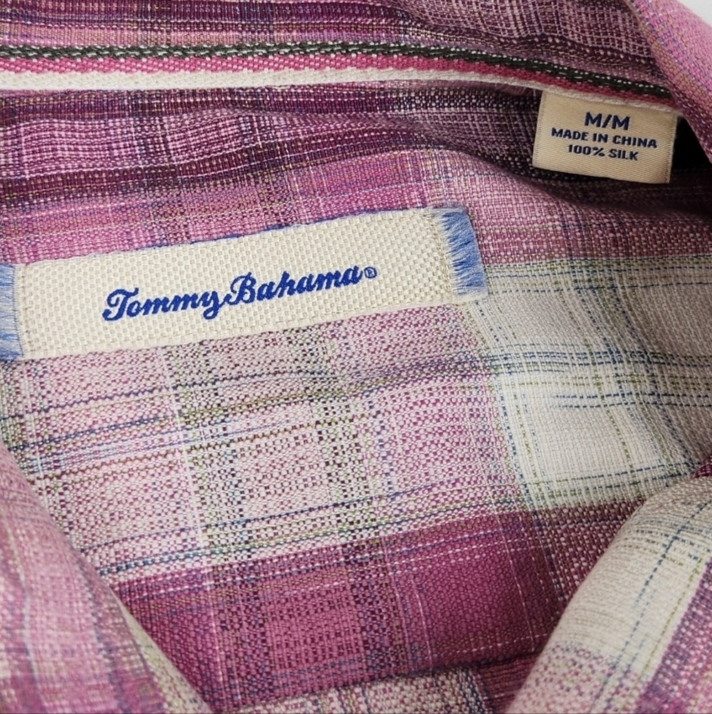 Tommy Bahama Pink Plaid 100% Silk Button Down Pocket Shirt. - Picture 3 of 4